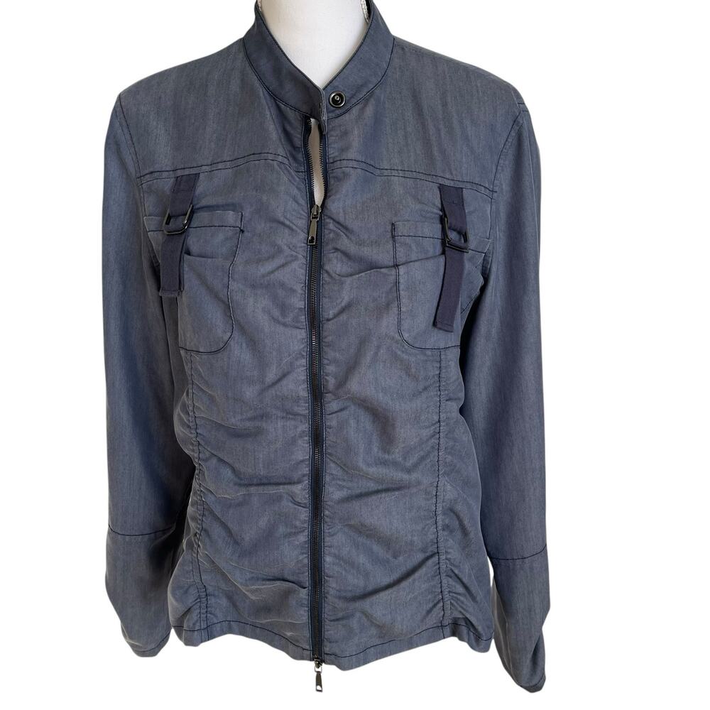 Lafayette 148 Jacket Women's Size 12 Navy Buckles Ruched Utility Zip Lightweight